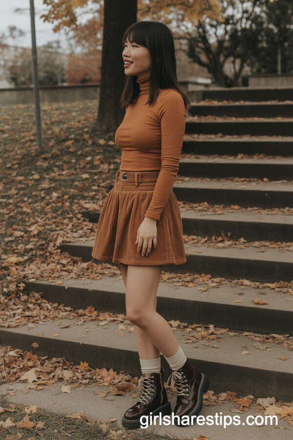 Burnt-Orange Turtleneck and Camel Corduroy Mini Skirt