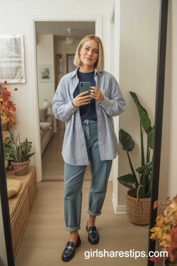 Striped Button-Down Shirt Navy Crewneck Sweater