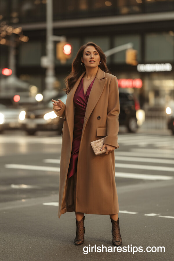 Camel Wool Coat Jewel-Tone Wrap Dress