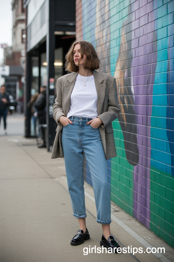 Oversized Checked Blazer and Raw-Hem Jeans