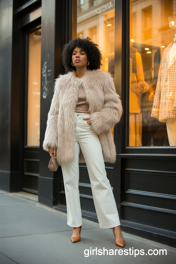 Cream Faux Fur Coat and White Straight-Leg Trousers