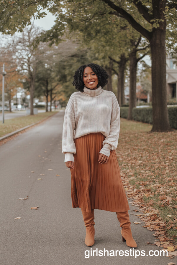 Cream Knit Sweater Burnt-Orange Midi Skirt