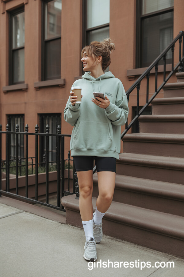 Oversized Sage Green Hoodie and Black Bike Shorts
