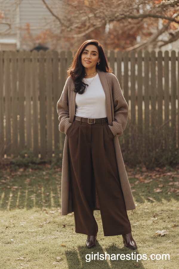 Belted Taupe Sweater Coat Chocolate Brown Trousers