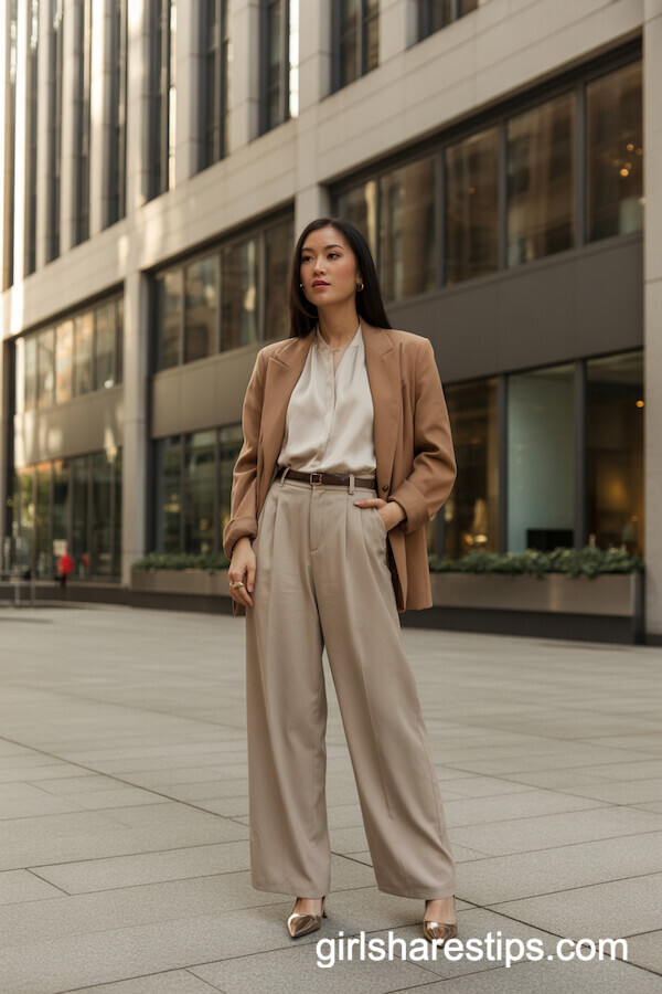 Tailored Camel Blazer and Beige Trousers