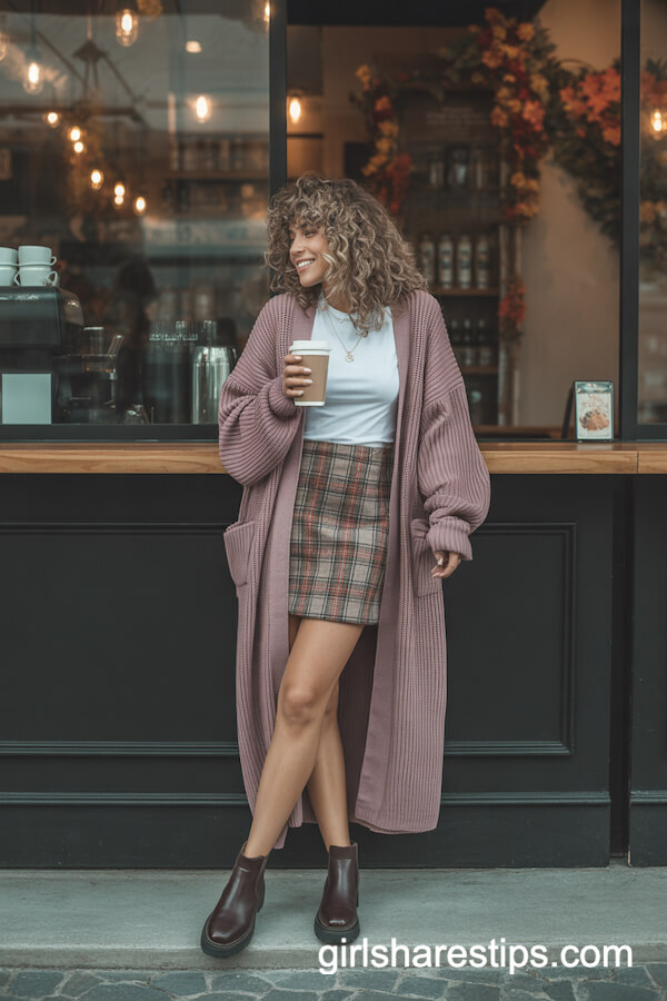 Oversized Mauve Cardigan Plaid Mini Skirt