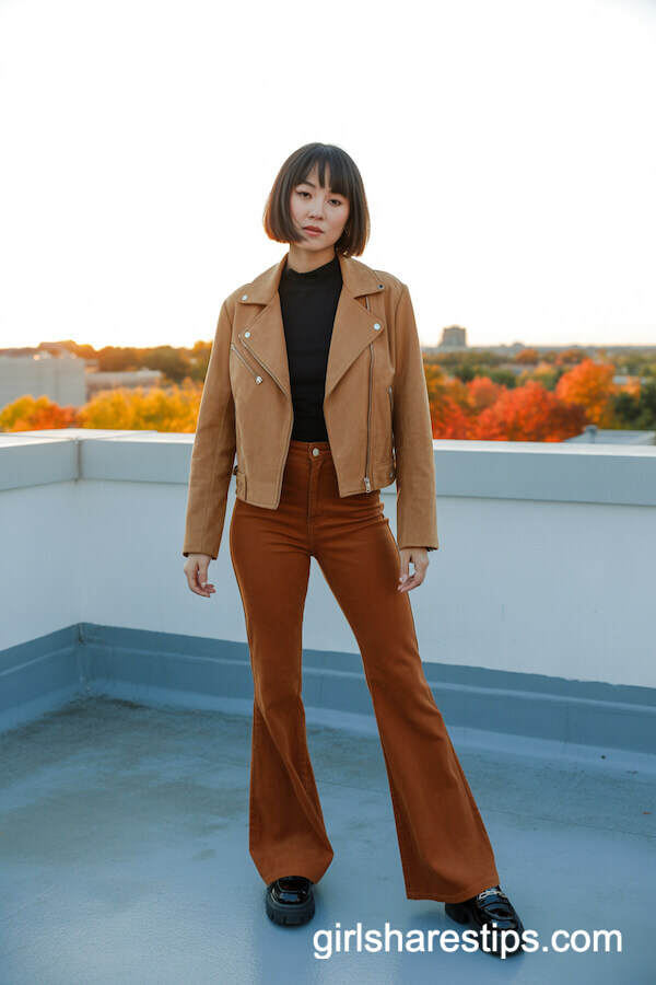 Tan Suede Moto Jacket Rust Flared Pants