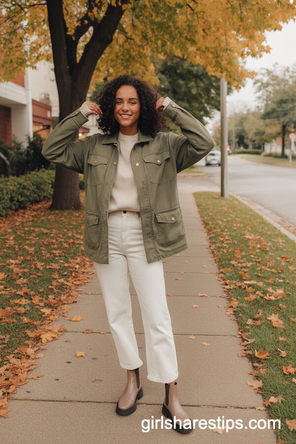 Olive Utility Jacket White Straight-Leg Jeans