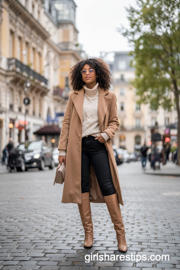 Camel Wool Coat with Turtleneck and Knee-High Boots