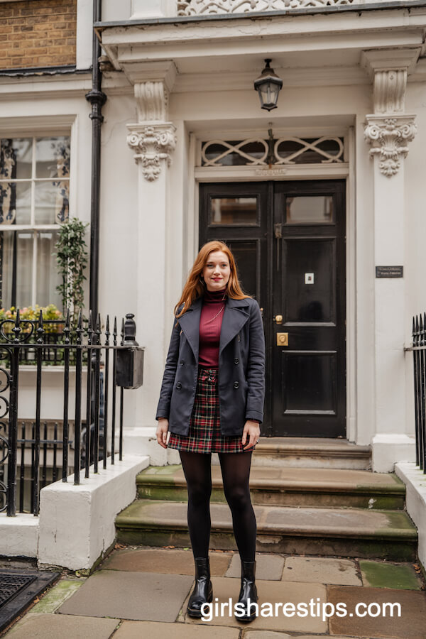 Navy Pea Coat with Plaid Mini Skirt and Chelsea Boots