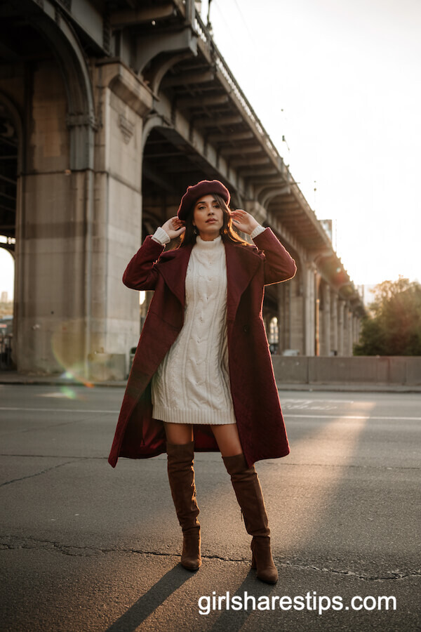 Burgundy Wrap Coat with Cable Knit Dress and Suede Knee Boots