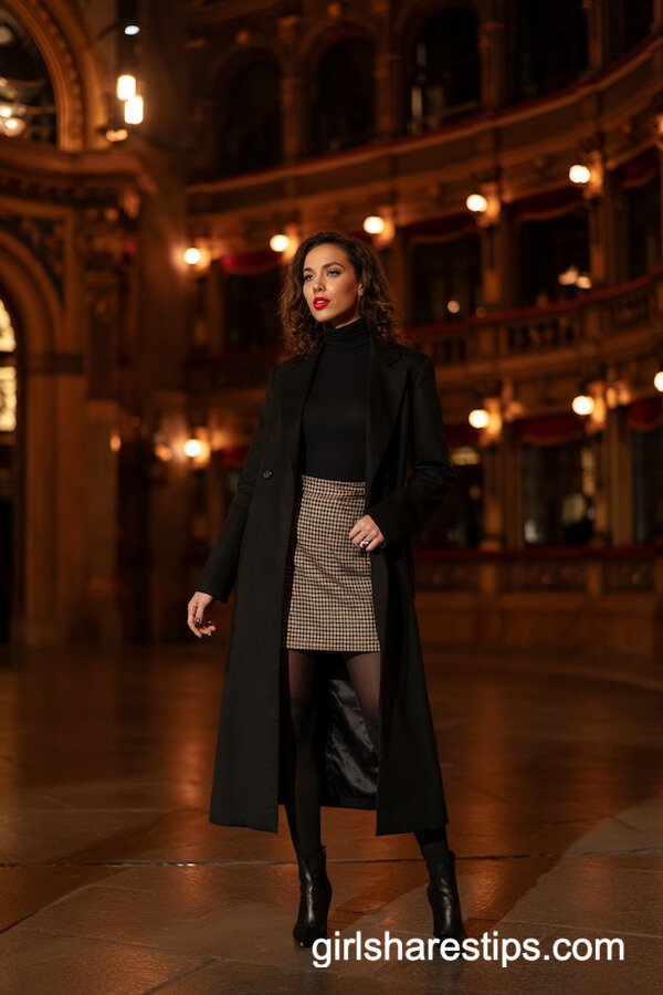 Black Wool Coat with Turtleneck and Houndstooth Skirt