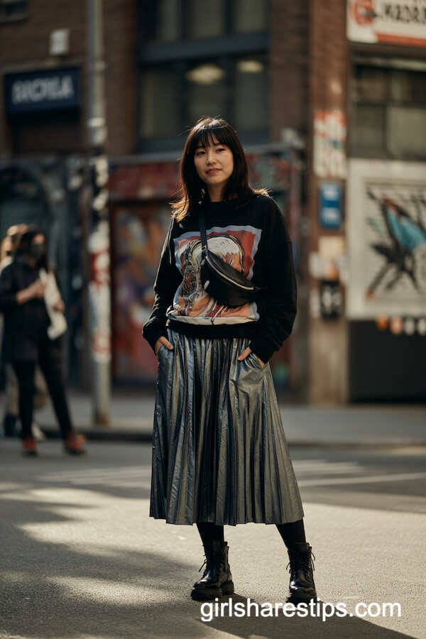 Oversized Graphic Sweater with Pleated Metallic Skirt and Moto Boots