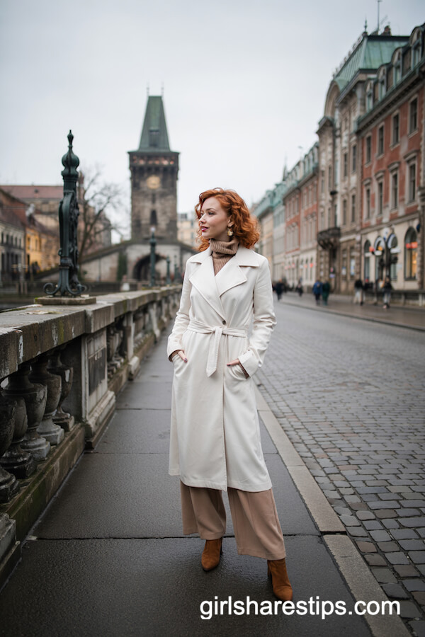 White Wrap Coat with Chunky Scarf and Cream Wide-Leg Pants