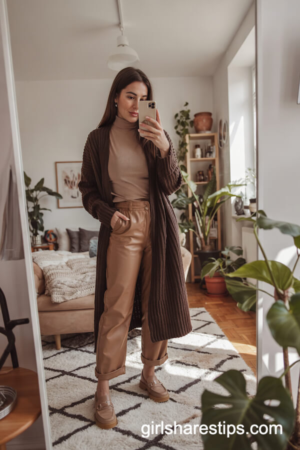 Long Cardigan with Tan Turtleneck and Straight Leg Pants