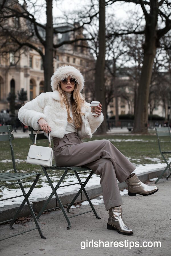 White Faux Fur Cropped Jacket with Slouchy Grey Trousers and Silver Boots