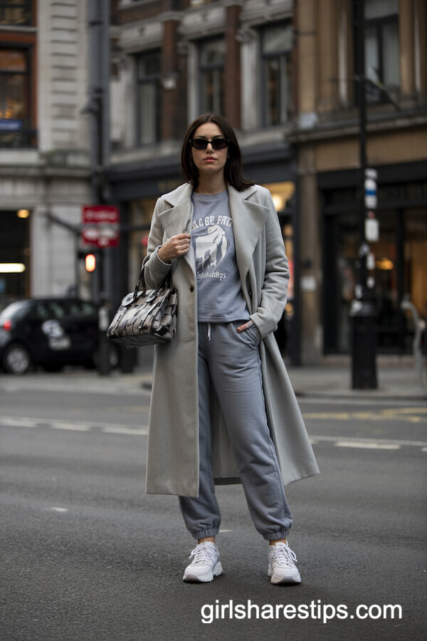 Light Grey Wool Coat with Sweatpants and Chunky Sneakers
