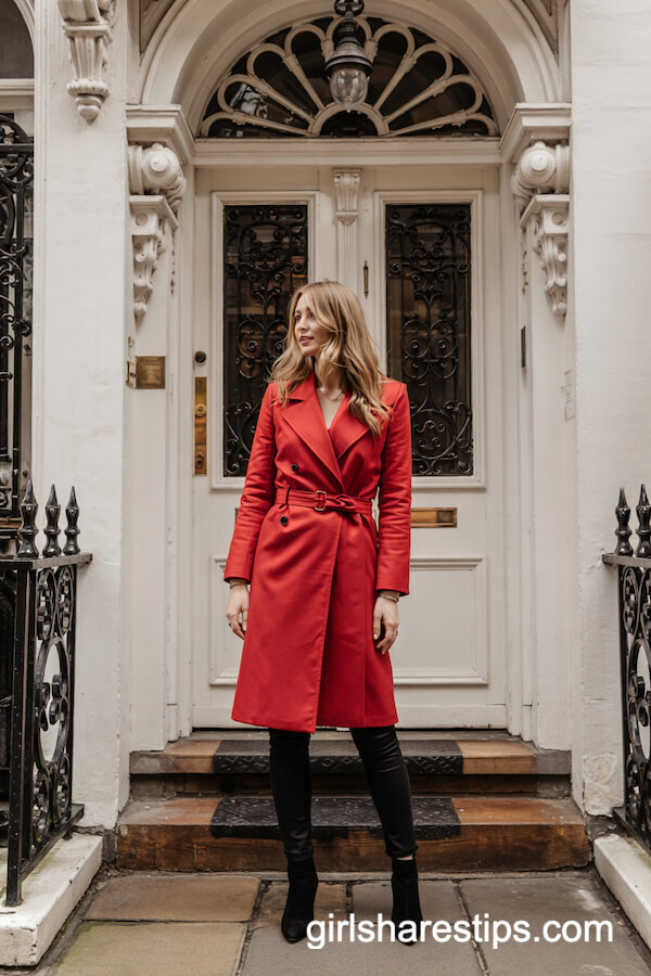 Bright Red Wrap Coat with Skinny Pants and Ankle Boots