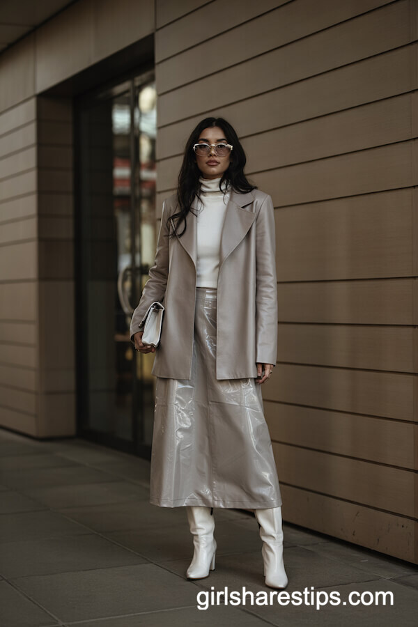 Tailored Grey Coat with Metallic Skirt and White Knee Boots