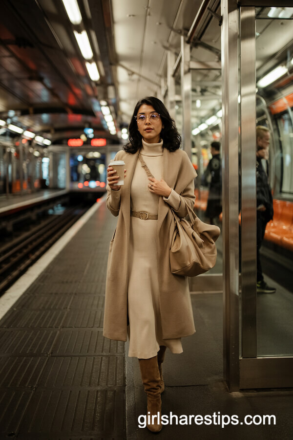 Beige Wrap Coat with Sweater Dress and Taupe Knee Boots
