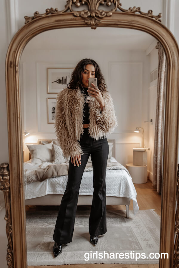 Cropped Faux Fur Jacket with Flare Trousers and Pointy Boots