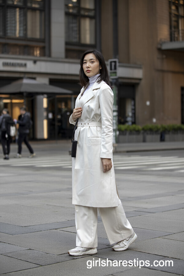 White Belted Coat with Wide-Leg Trousers and Sneakers