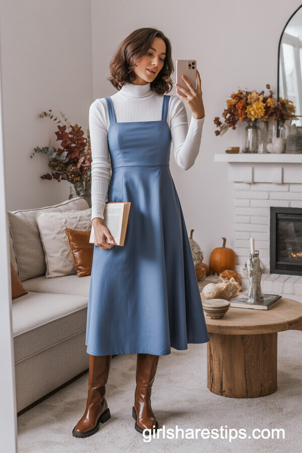 Blue Pinafore Dress Cozy Turtleneck