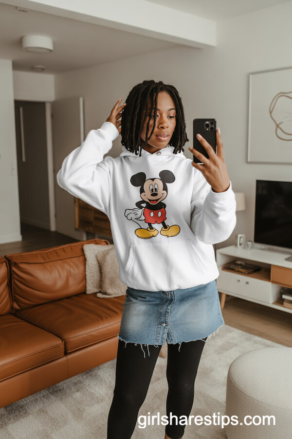 Mickey Hoodie and Denim Skirt Mirror Selfie