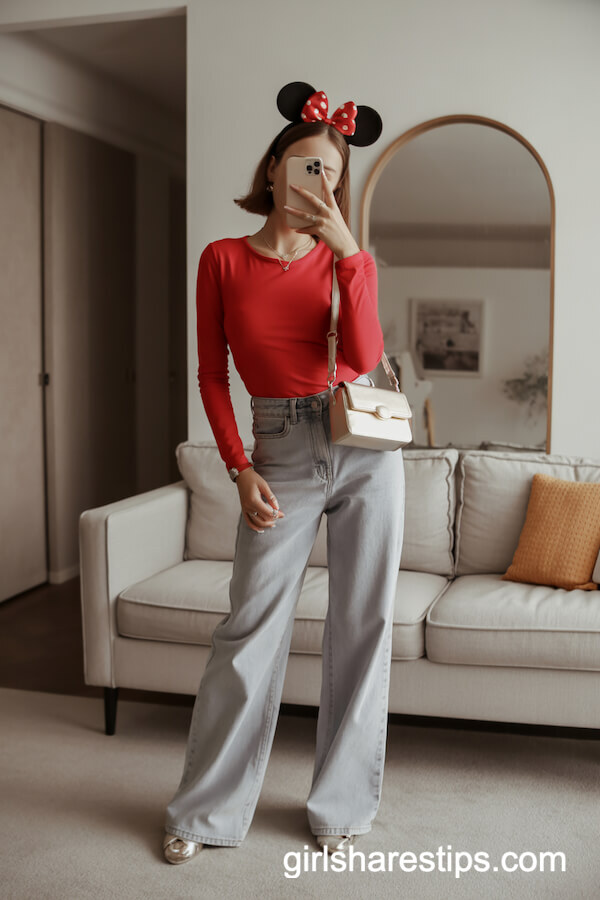 Red Top with Grey Wide-Leg Jeans