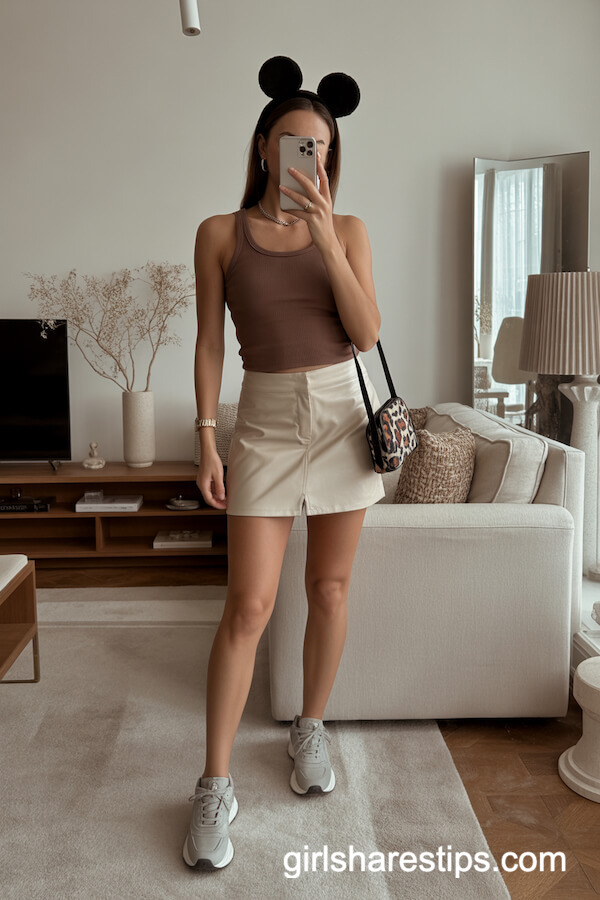 Brown Tank Top and Cream Mini Skirt