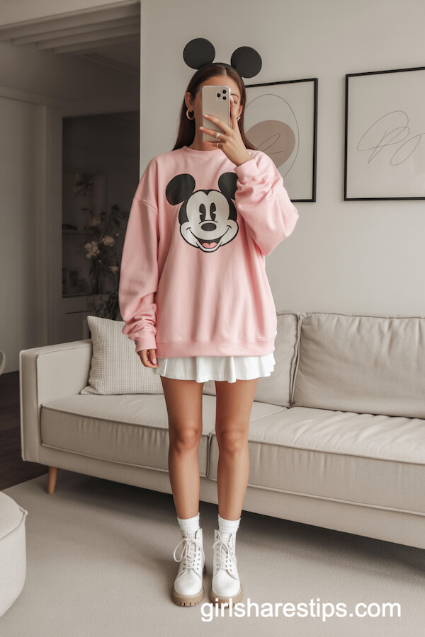 Pastel Pink Mickey Sweatshirt and Tennis Skirt