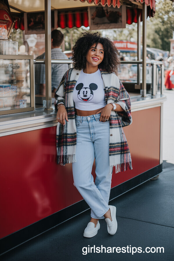 Mickey Print Crop Top Plaid Scarf
