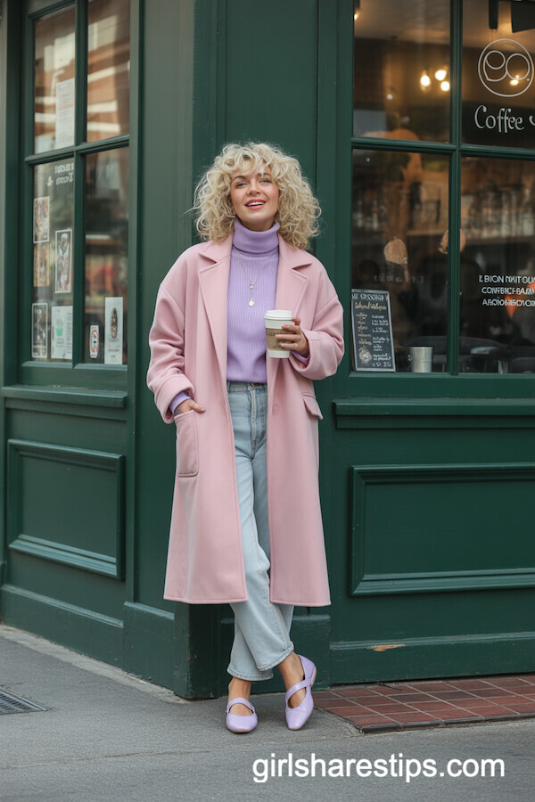 Pastel Pink Coat and Lavender Turtleneck Combo