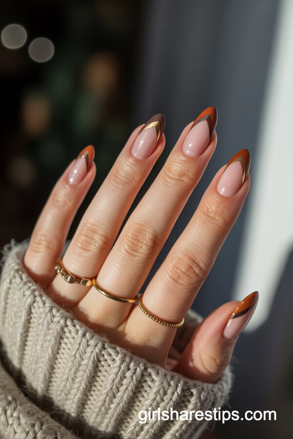 Burnt Orange and Bronze V-French Tips