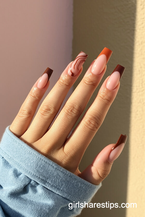 Brown and Orange Mixed French Tips