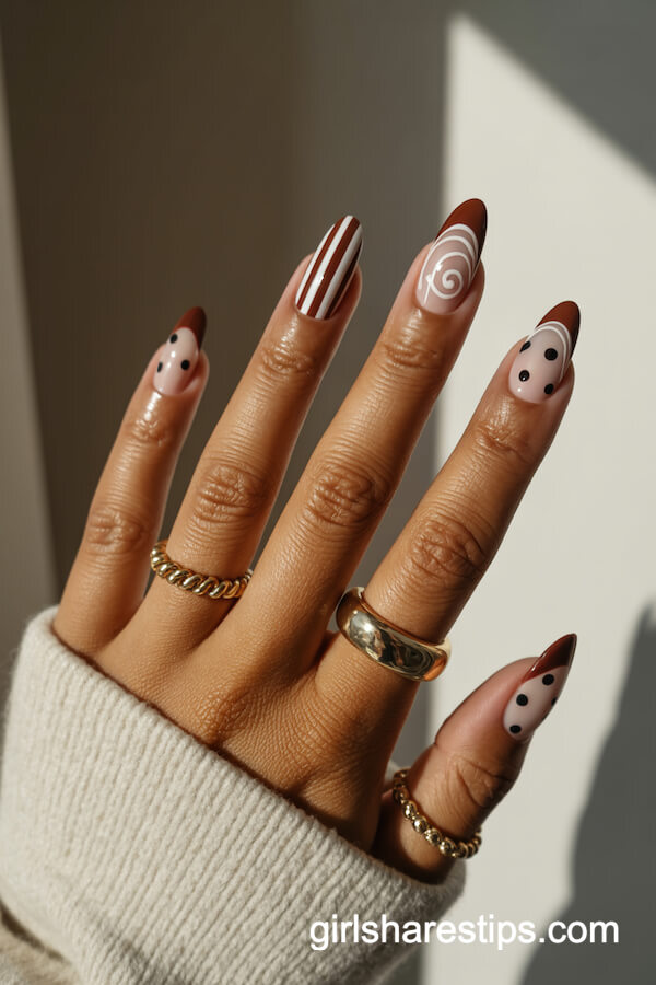 Patterned French Tips with Brown and White Swirls and Dots