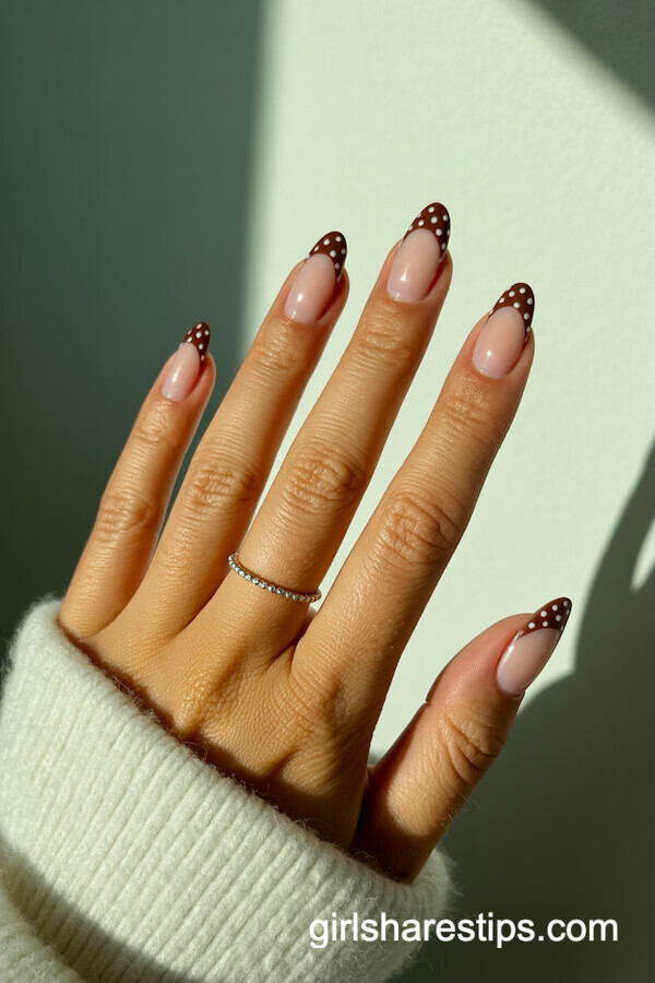 Chocolate French Tips with White Polka Dots