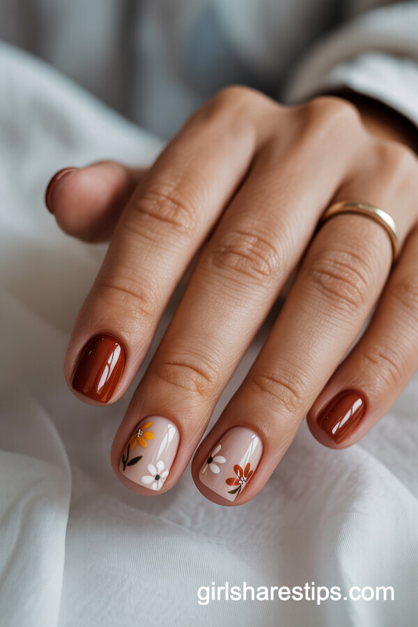 Brick Red French Tips with Floral Accents