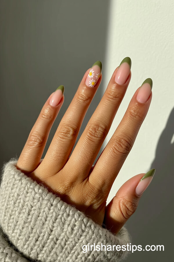 Moss Green French Tips with Daisy Art