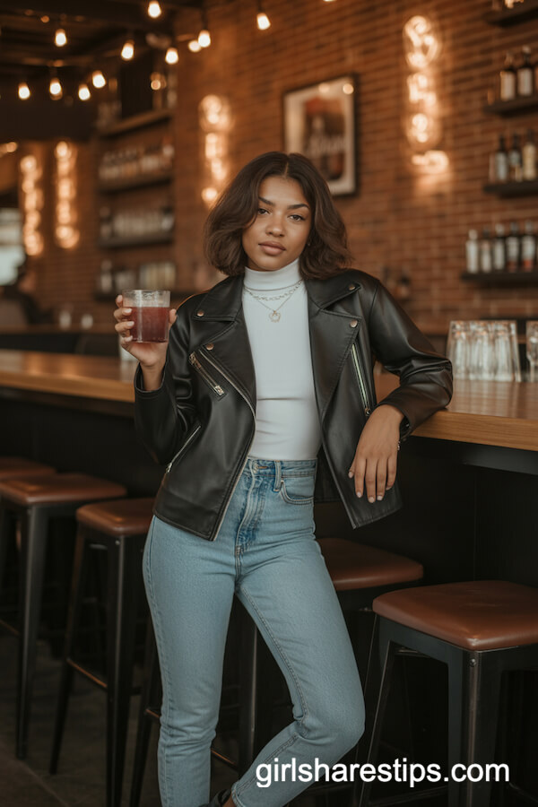 Black Leather Jacket & White Turtleneck