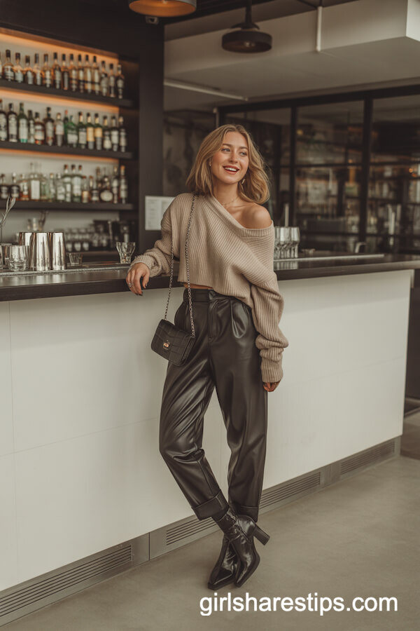 Off-Shoulder Sweater & Leather Pants