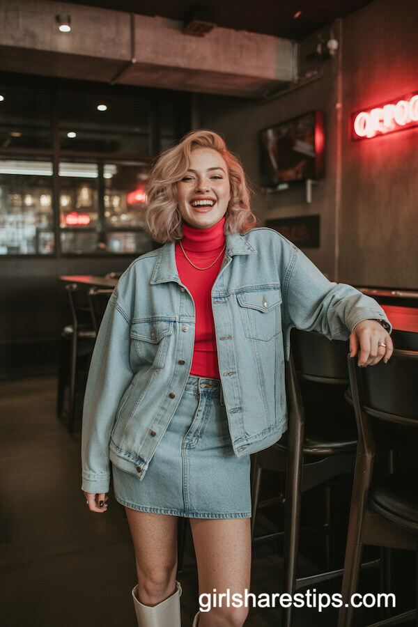 Denim Jacket & Red Turtleneck