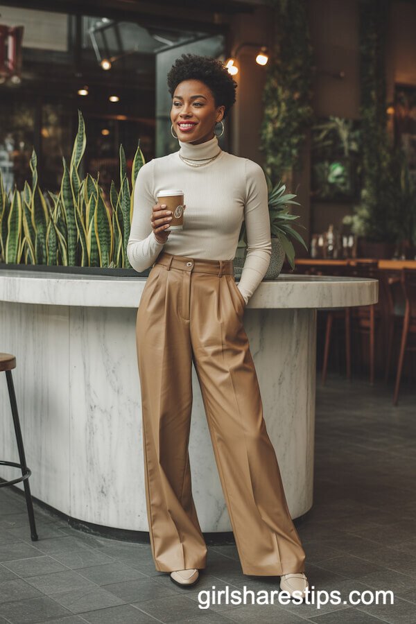 Cream Turtleneck & Wide-Leg Trousers
