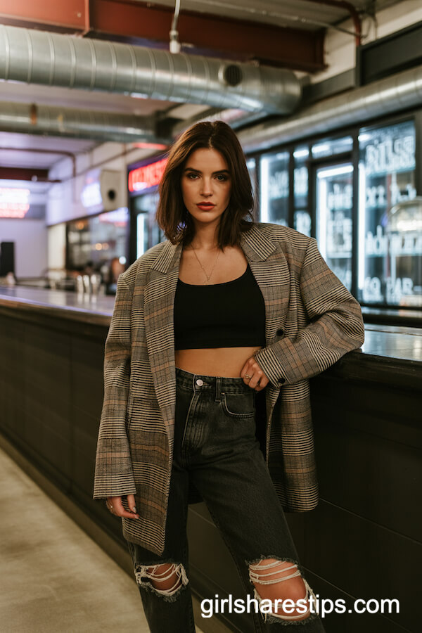 Plaid Blazer & Distressed Jeans