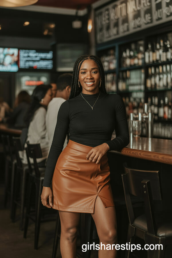 Mock-Neck Top & Leather Skirt