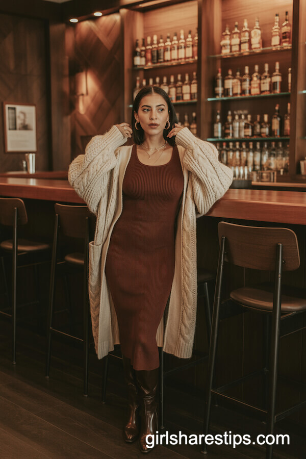 Rust Midi Dress & Chunky Cardigan