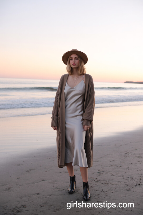 Silky Slip Dress with Oversized Cardigan