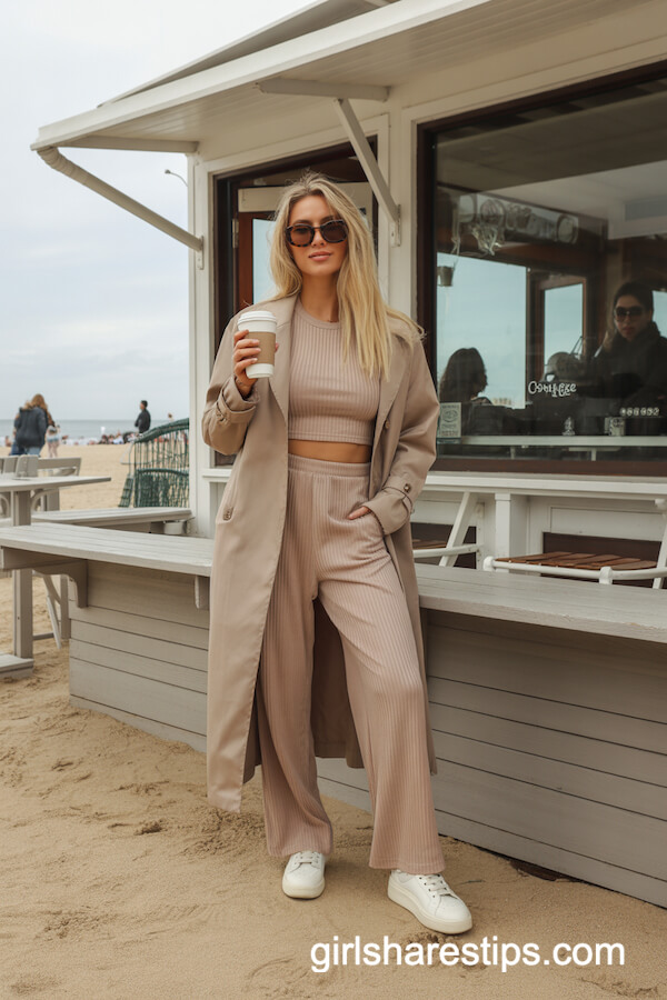 Matching Beige Lounge Set with Trench Coat
