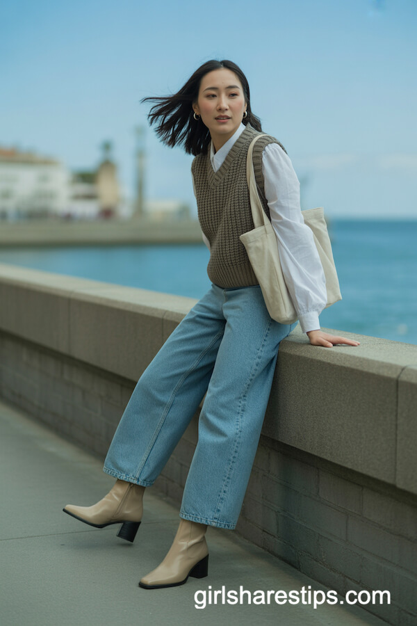 Knit Vest with Wide-Leg Jeans