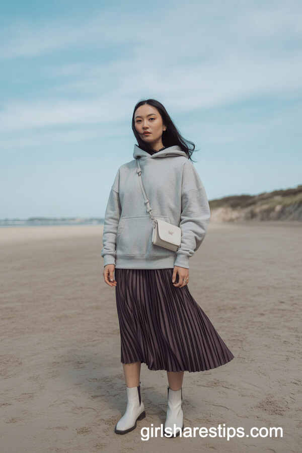 Hooded Pullover with Pleated Midi Skirt